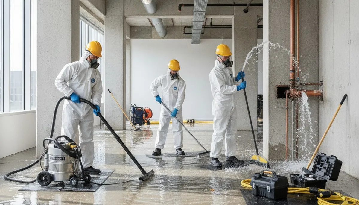 Riverside, CA water damage team cleaning up a burst pipe with water extraction and drying equipment