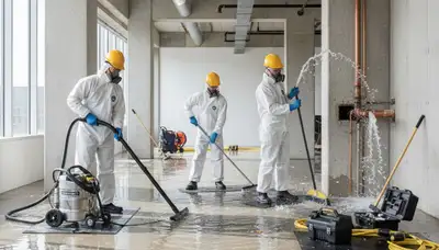 Riverside, CA water damage team cleaning up a burst pipe with water extraction and drying equipment