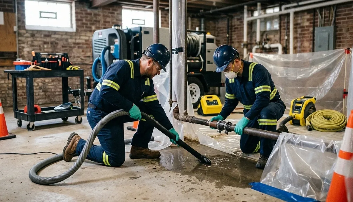 Riverside, CA water damage team cleans up burst pipe water and begins drying a home