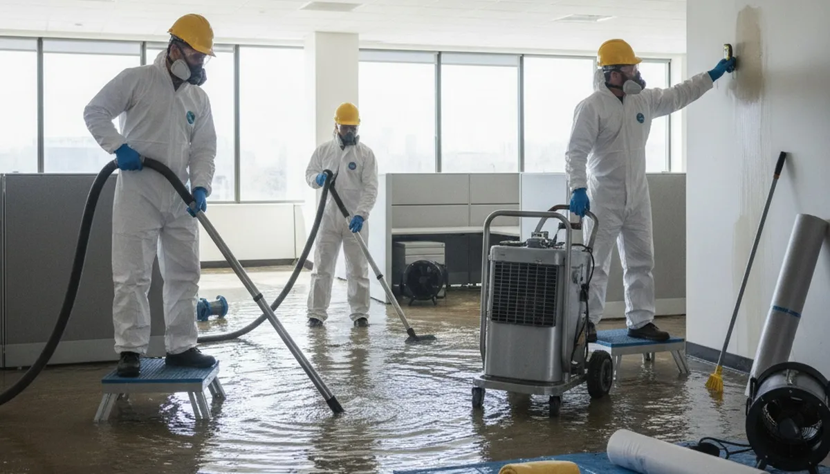 Water damage technicians clean up a burst pipe in Riverside, CA home with drying equipment