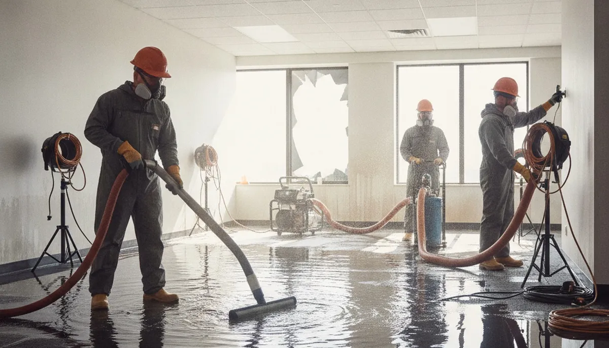 Commercial water damage restoration crew in Riverside, CA removing water and drying property