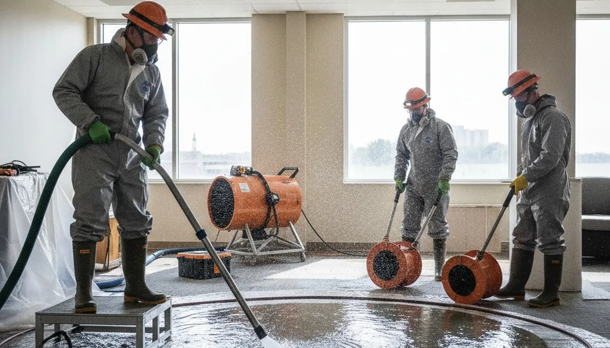 Water damage restoration team inspecting flood cleanup in Riverside, CA home