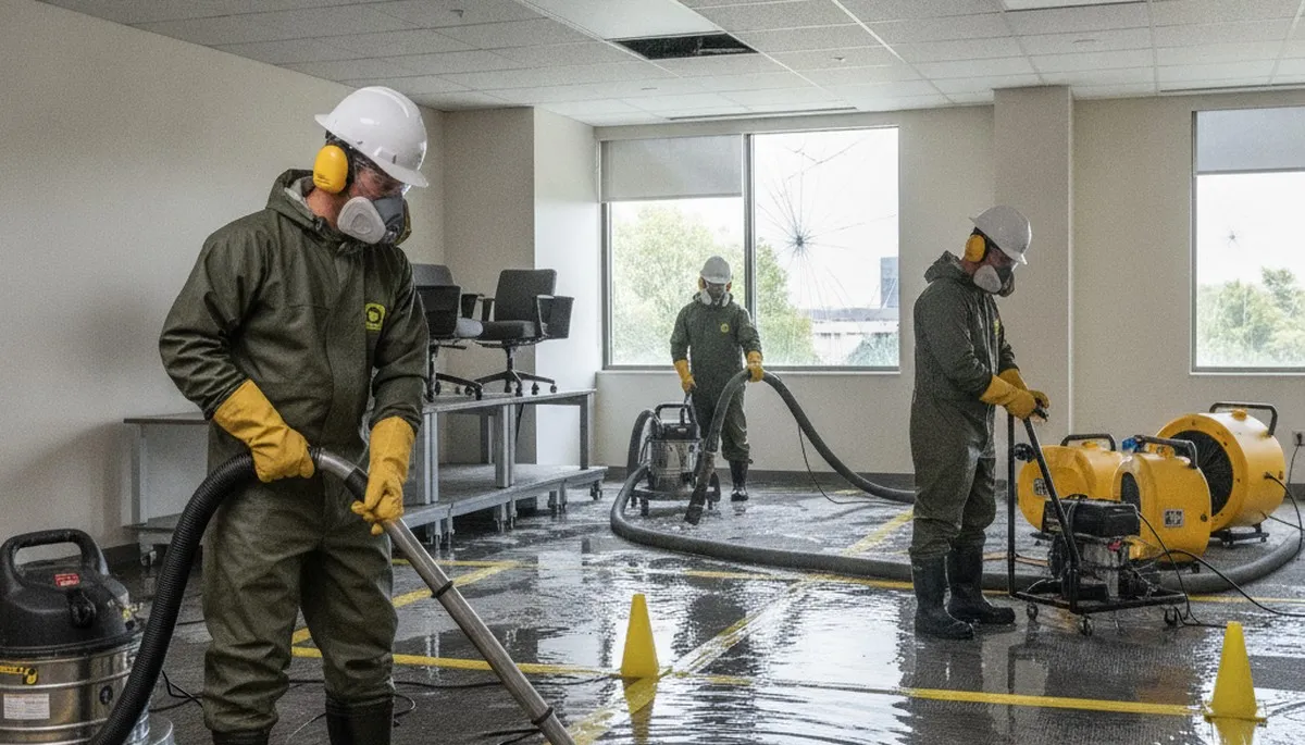 Riverside, CA water damage restoration team removing flood water from a home interior