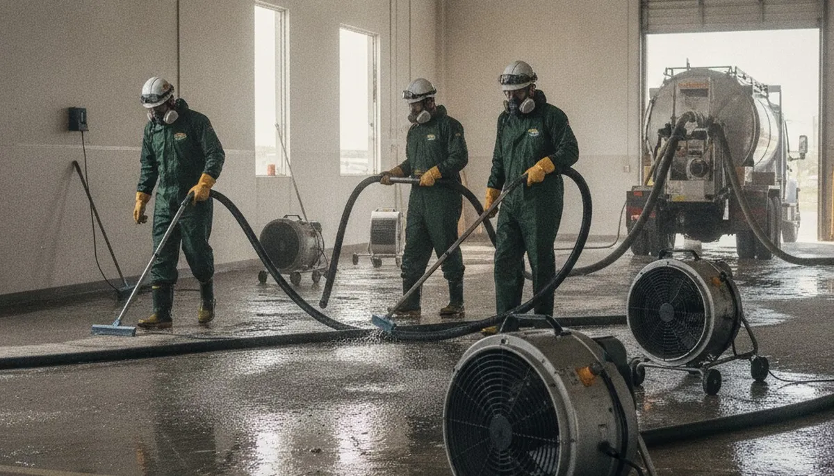 Water damage restoration crew removing water from a Riverside, CA home after flooding