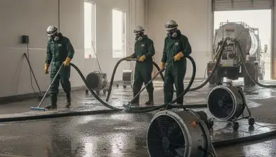 Water damage restoration crew removing water from a Riverside, CA home after flooding