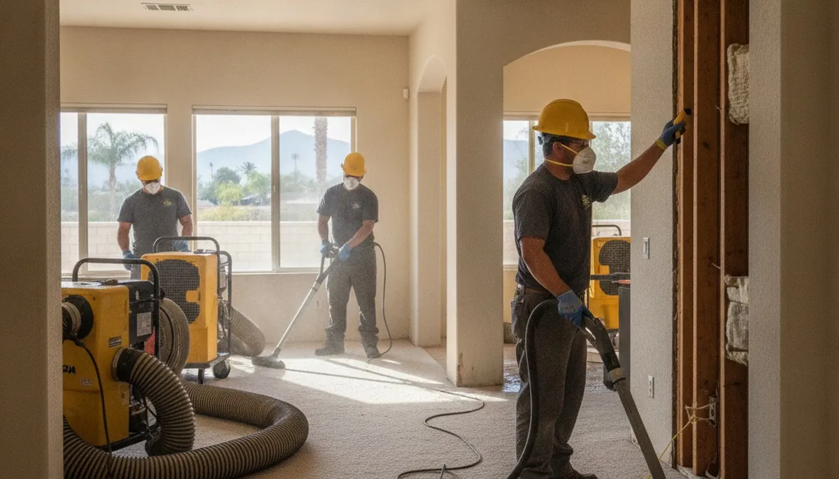 Water damage restoration team serving Riverside, CA with emergency cleanup and drying equipment