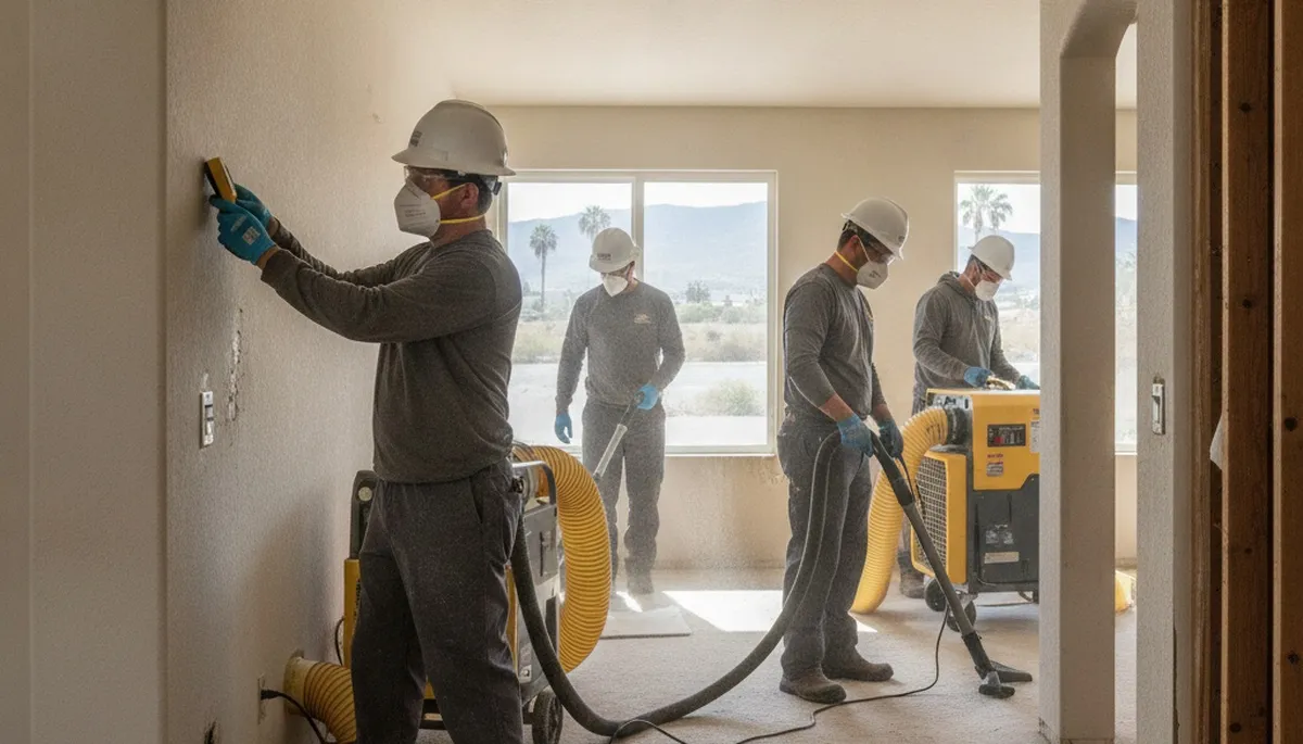 Water damage restoration team in Riverside, CA inspecting flood damage in a home
