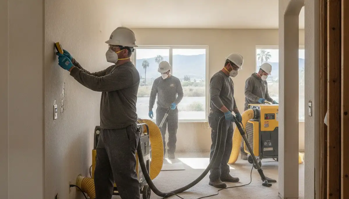 Water damage restoration team in Riverside, CA inspecting flood damage in a home