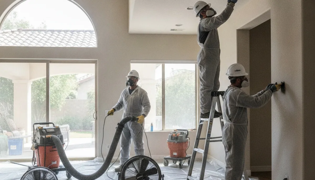 Water damage restoration team in Riverside, CA inspecting and drying a damaged property
