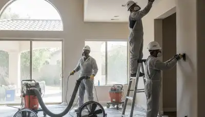 Water damage restoration team in Riverside, CA inspecting and drying a damaged property