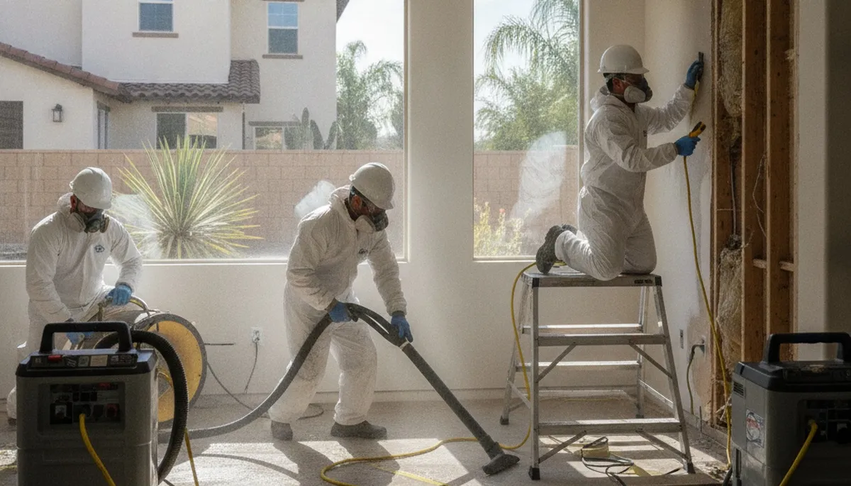 Water damage restoration team in Riverside, CA inspecting flood damage and drying equipment