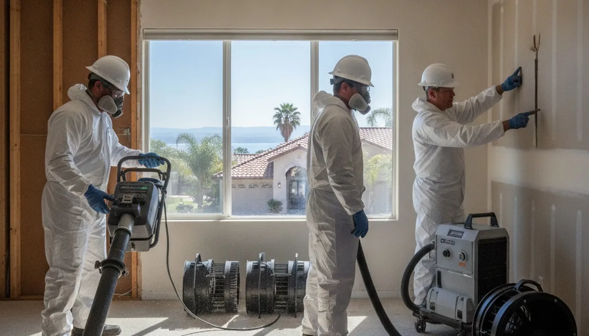 Riverside, CA water damage restoration team inspecting damage in a home for cleanup and repair