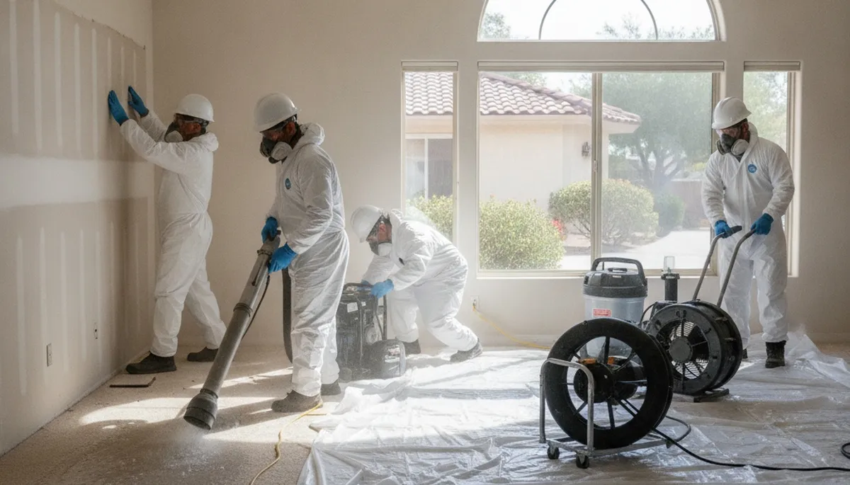 Water damage restoration team in Riverside, CA inspecting flood-damaged property