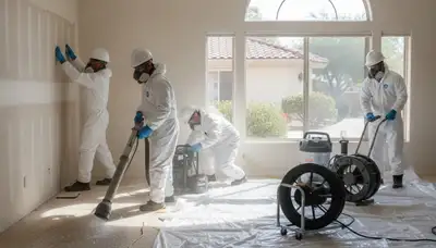 Water damage restoration team in Riverside, CA inspecting flood-damaged property
