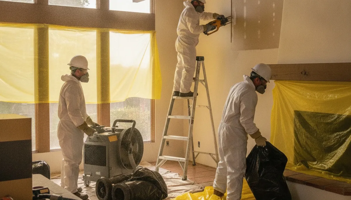 Water damage restoration crew serving Riverside, CA with cleanup and drying equipment