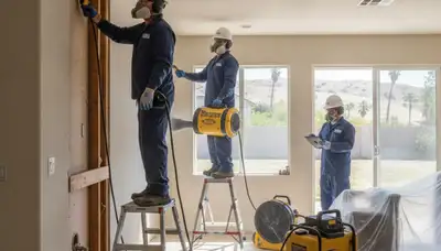 Riverside, CA water damage restoration team inspecting a flood-damaged commercial property
