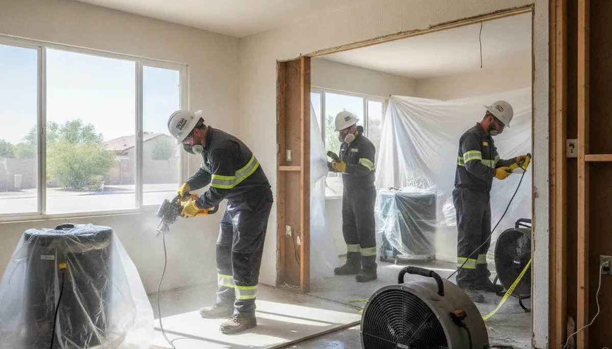 Water damage restoration team in Riverside, CA inspecting and drying a flooded property