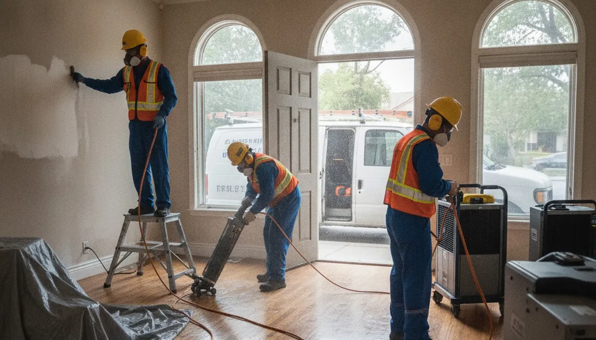 Water damage restoration team in Riverside, CA inspecting flood damage in a commercial property