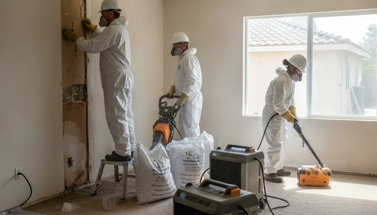 Riverside, CA water damage restoration team inspecting flood cleanup and drying equipment