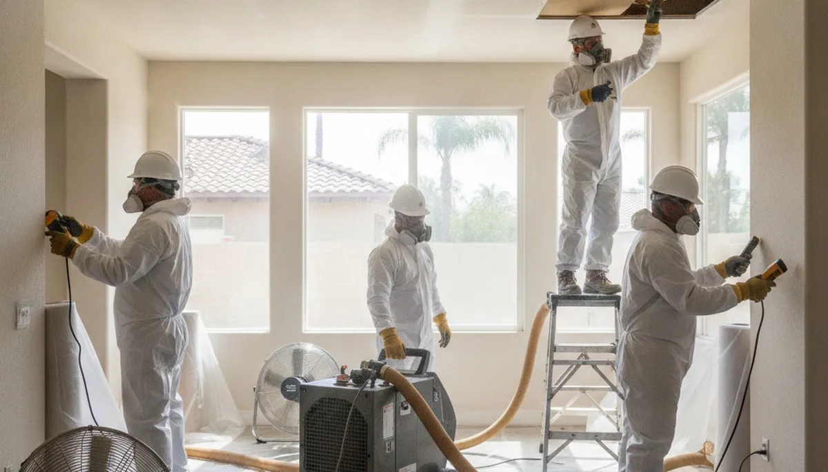 Water damage restoration team in Riverside, CA inspecting flood damage and drying equipment
