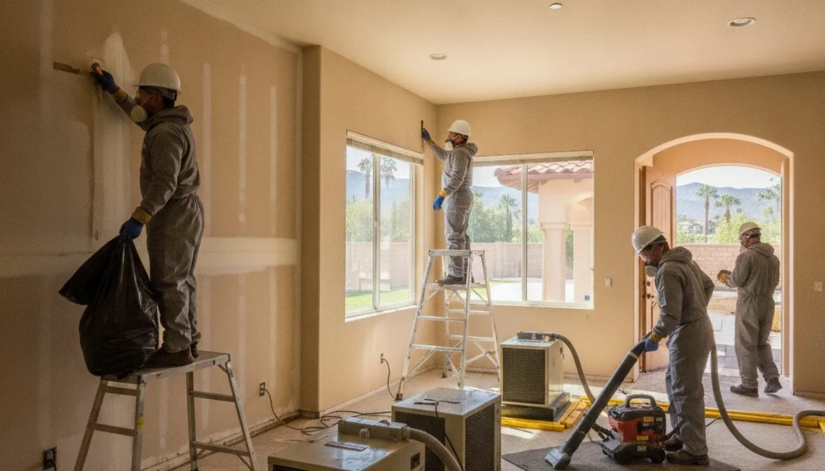 Water damage restoration crew serving Riverside, CA with emergency cleanup and drying equipment