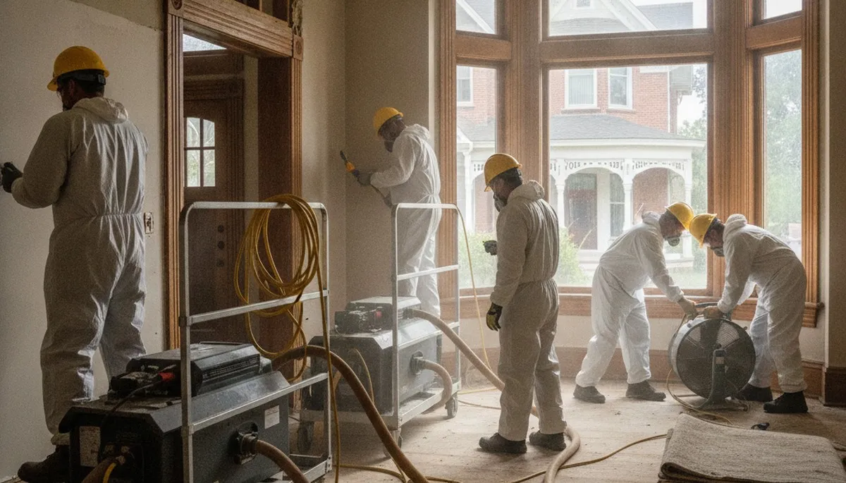 Riverside, CA water damage restoration team removing water from a flooded home
