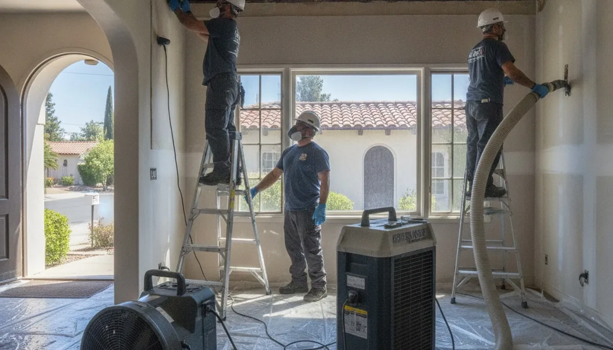 Water damage restoration team in Riverside, CA assessing flood damage in a home