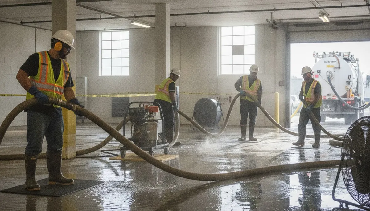 Riverside, CA water extraction crew removing standing water from a flooded home interior
